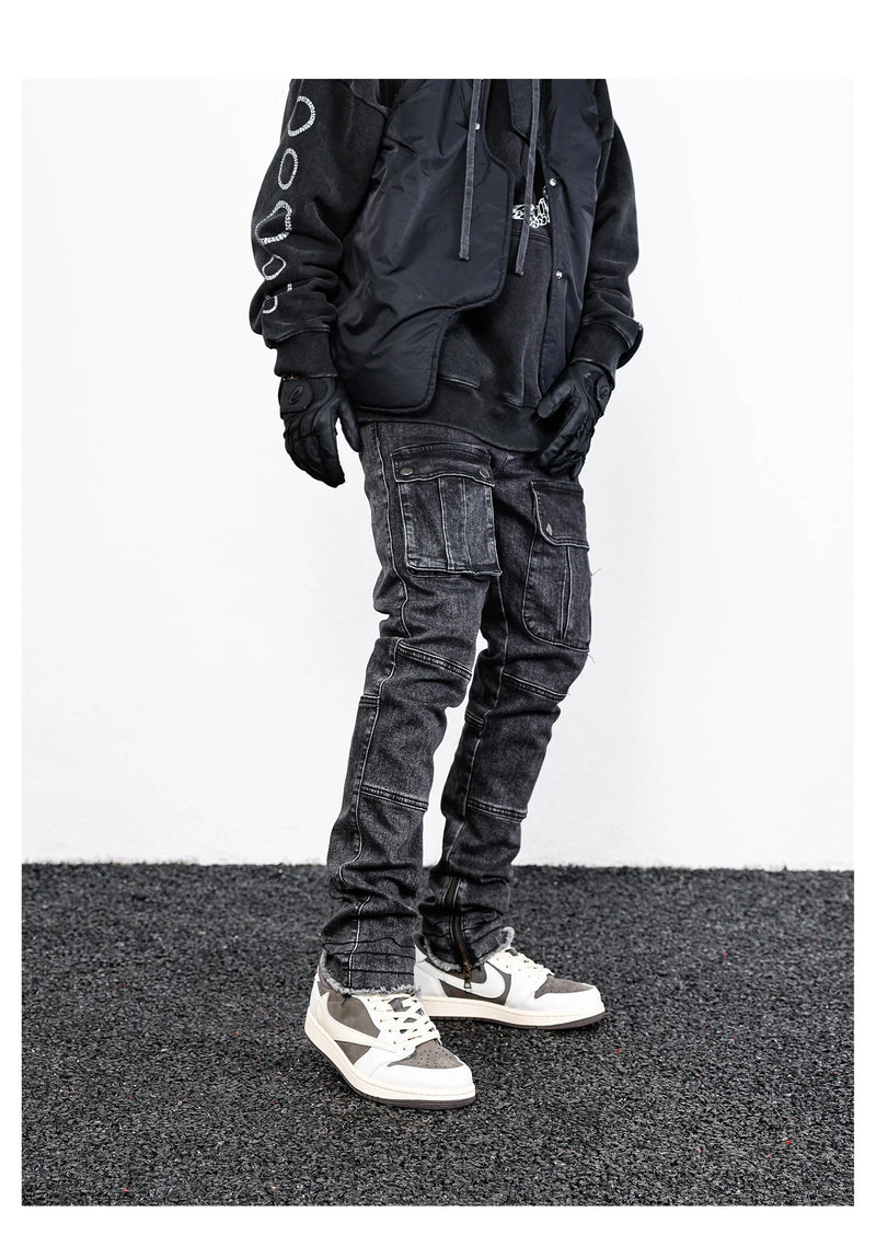 retro washed denim jeans mens bottom zipper jean trousers with pockets hip hop fashion high street slim fit pants joggers jeans unique joggers style 3115
