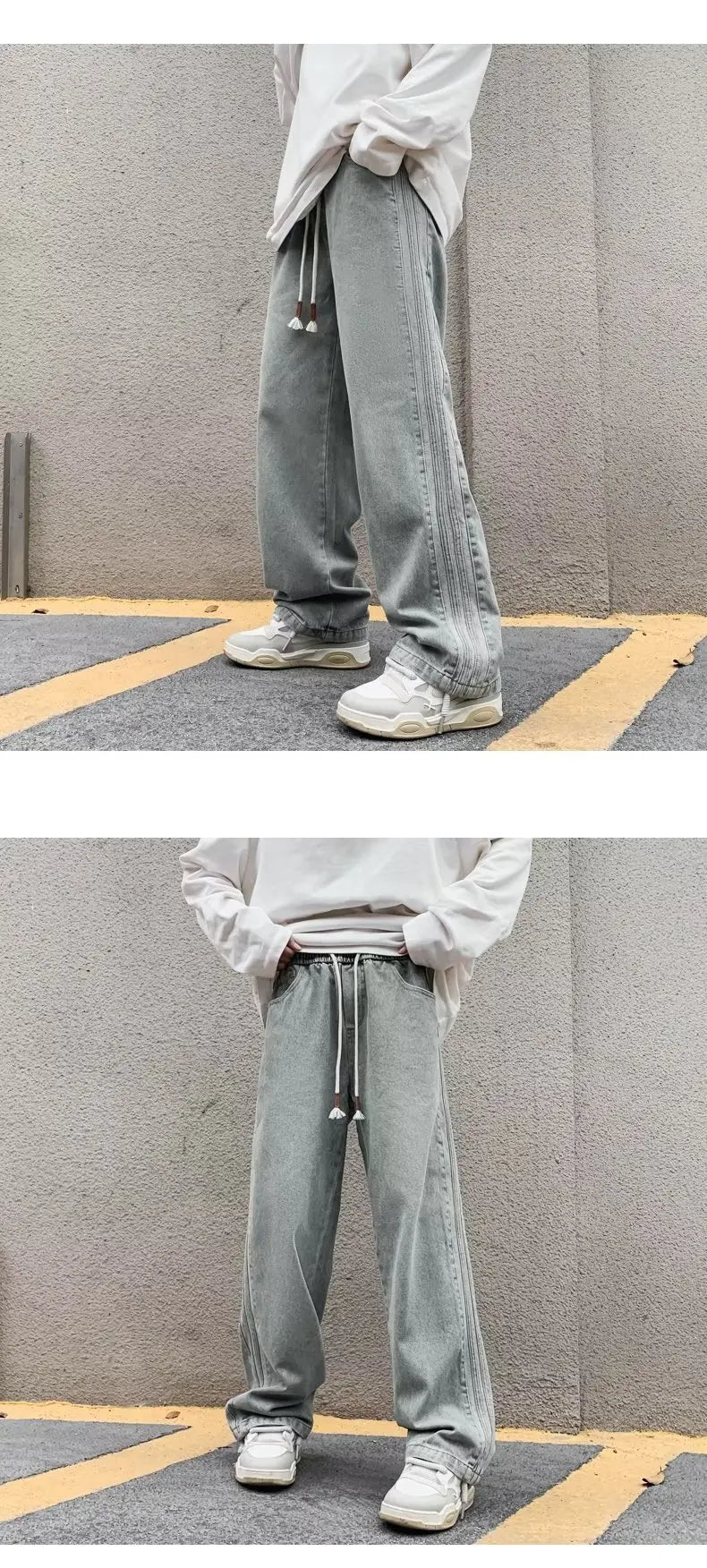 men jeans straight leg jeans boys american fashion wash old side stripes wide leg pants autumn vintage overalls unique jeans style 3908