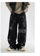 fashion graffiti printed denim jeans men unisex casual zipper wide legs straight jeans streetwear hip hop baggy pants joggers unique joggers style 5095