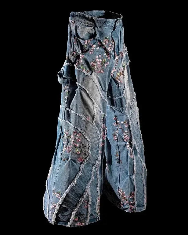 blue jeans for women y2k harajuku hip hop sakura embroidery retro patch heavy baggy jeans high waist wide leg trouser streetwear urban skinny jeans