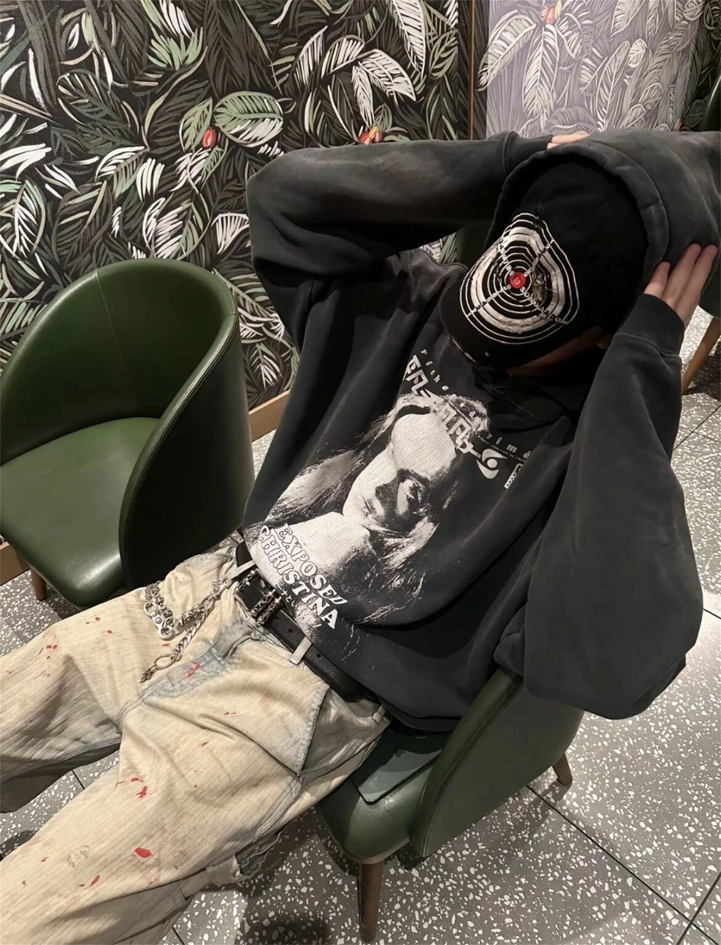 Urban cyber hoodie with neon matrix-inspired prints