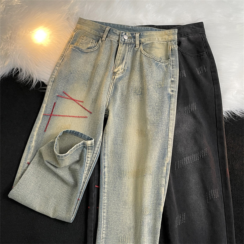 jeans mens spring and autumn retro casual straight leg pants design wide leg long pants cargo pants men unique cargo style 4124