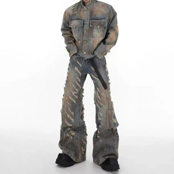 mens denim jacket jeans wilderness construction site style distressed washed holes street wear fashion versatile mens wear 2024 ripped baggy denim
