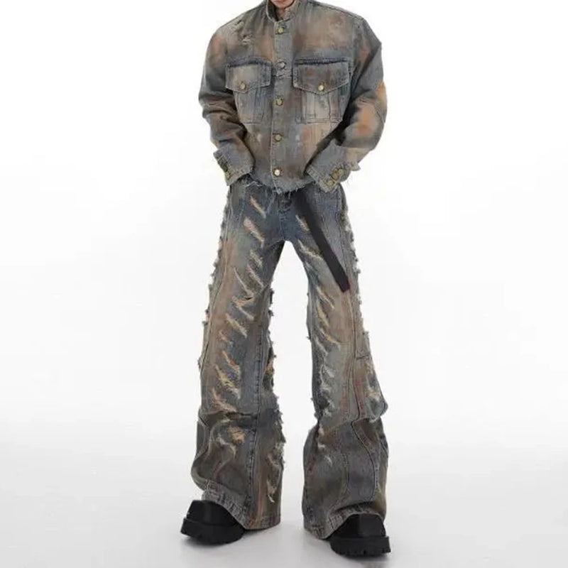 mens denim jacket jeans wilderness construction site style distressed washed holes street wear fashion versatile mens wear 2024 ripped baggy denim