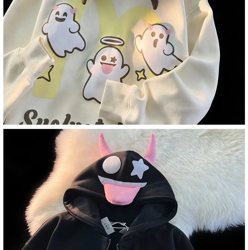 Japanese Devils Corner Hoodie Womens Couple Loose Gothic Winter Clothing Plush Hoodie Womens Zipper Hoodie  sweatshirt