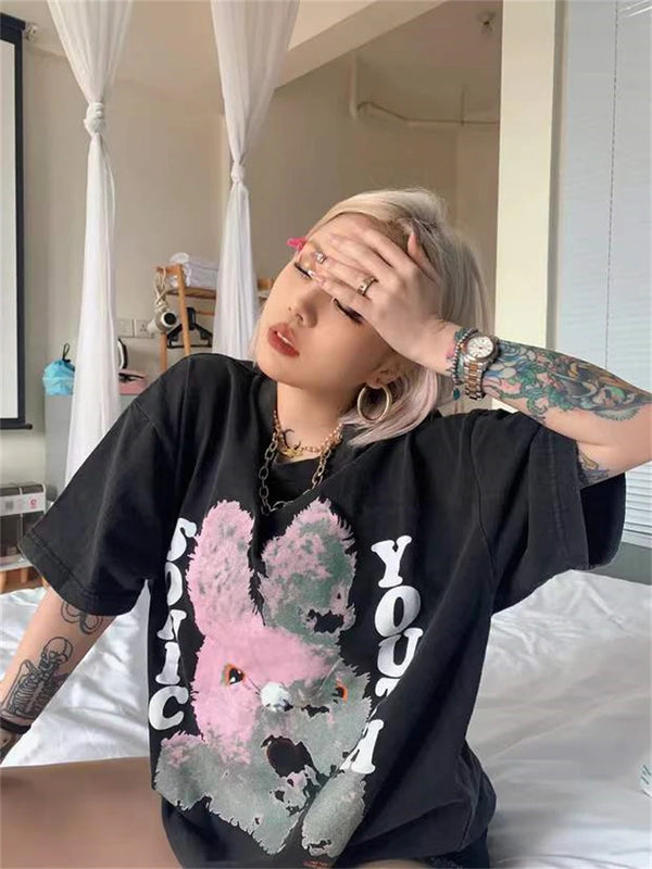Skatercore Streetwear top – High Quality Vintage Rabbit Print Washed Street Short Sleeve