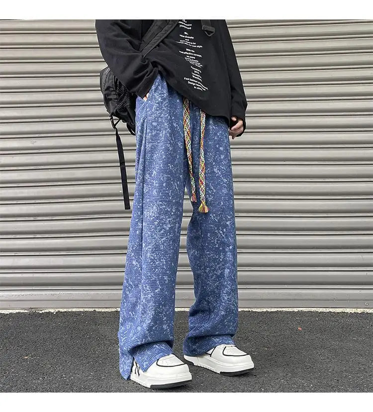 korean style waffle tie dye casual pants high street vibe pants men trendy brand colorful drawstring side slit straight trousers unique default style 2098