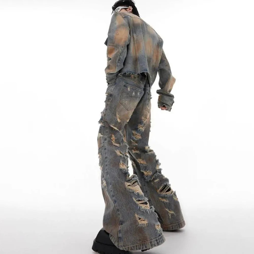 mens denim jacket jeans wilderness construction site style distressed washed holes street wear fashion versatile mens wear 2024 denim street jeans