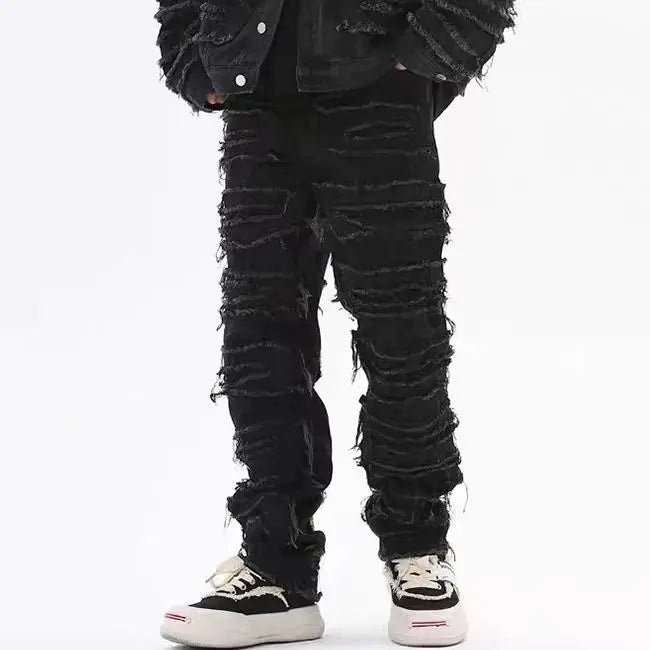 tassel hole spliced european and american straight leg denim pants new popular patch jeans mens wear unique jeans style 201