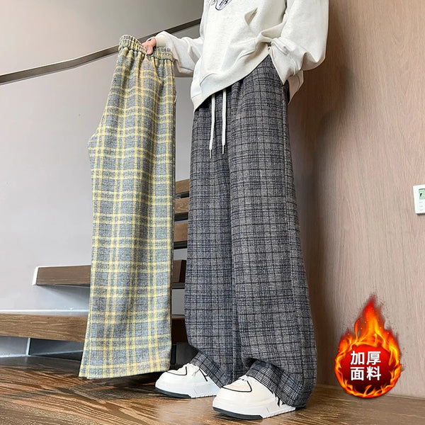 mens plaid pants baggy winter trendy fleece loose straight wide leg mopping trousers unisex thick velvet warm long pants clean everyday pants