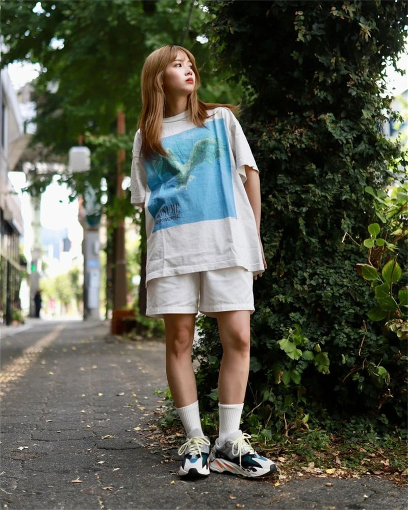 2024 Vintage Retro Print Olded Washed High-Street Cotton Tops T-Shirt For Summer