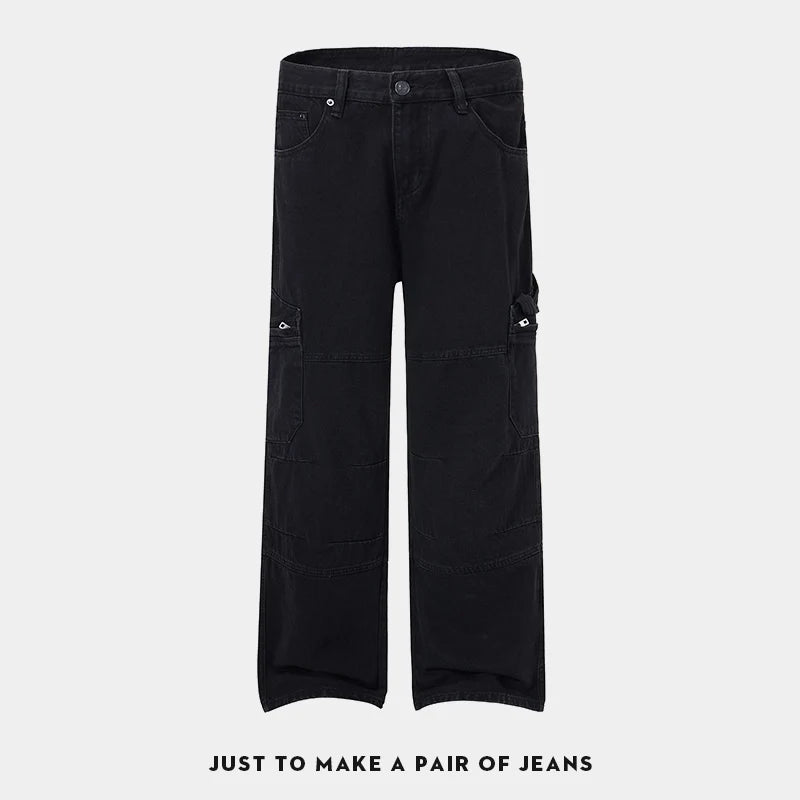 men american streetwear fashion loose casual hip hop wide leg black denim baggy jeans pants man y2k cargo jeans trousers unique cargo style 2349