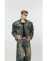 2 pieces sets mens fashion dirty graffiti wide shouder denim jeans jacket coat and wide legs pants joggers new streetwear sets unique joggers style 4580