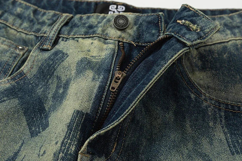 men loose casual american high street hip hop vibe printed denim baggy jeans pants man streetwear ripped jeans trousers unique jeans style 3088