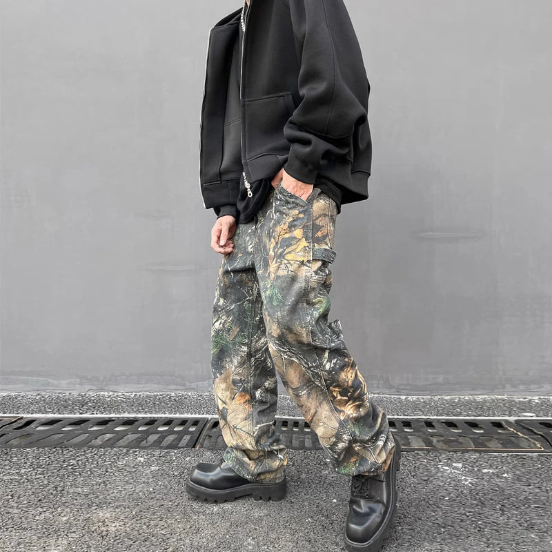 european and american tree grain camouflage jeans mens slim fitting splashing ink trendy hip hop tapered denim pants camou jeans stacked flare jeans