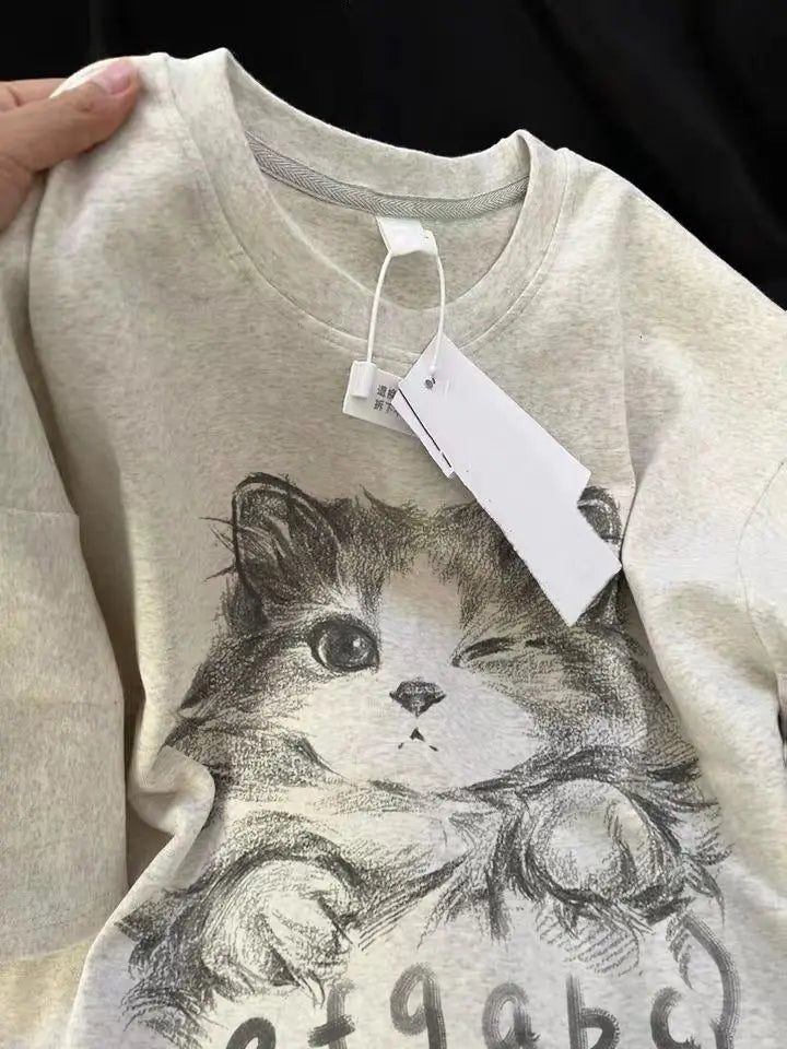 Sadcore Aesthetic piece – Korean Summer Men And Women Trend Personalized Cat Print Rou