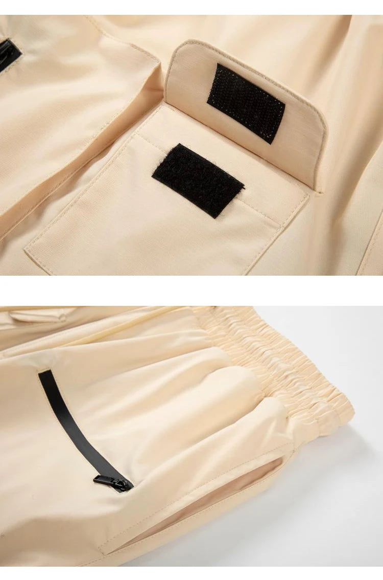 Retro Fashion Vibe Summer Cargo Shorts Functional Pockets Press Glue Zipper Straight Shorts Baggy Casual Split Knee-length