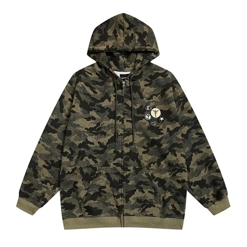 American Retro High Street Camouflage Cardigan Hooded Sweatshirt Winter Men Women Ins Fashion Brand Street Zipper Jacket Top