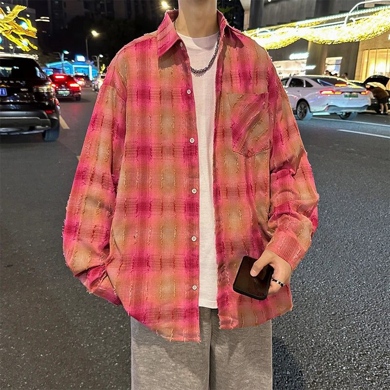 Autumn Long Sleeved Men Oversized Retro Casual Men Japanese Streetwear Loose Plaid Shirt