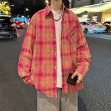 Autumn Long Sleeved Shirt Men Oversized Retro Casual Shirt Men Japanese Streetwear Loose Plaid Shirt Mens Vintage Shirts M-3XL