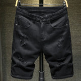 new white jeans shorts men fashion ripped knee length pants simple casual slim hole denim shorts male streetwear stacked flare jeans
