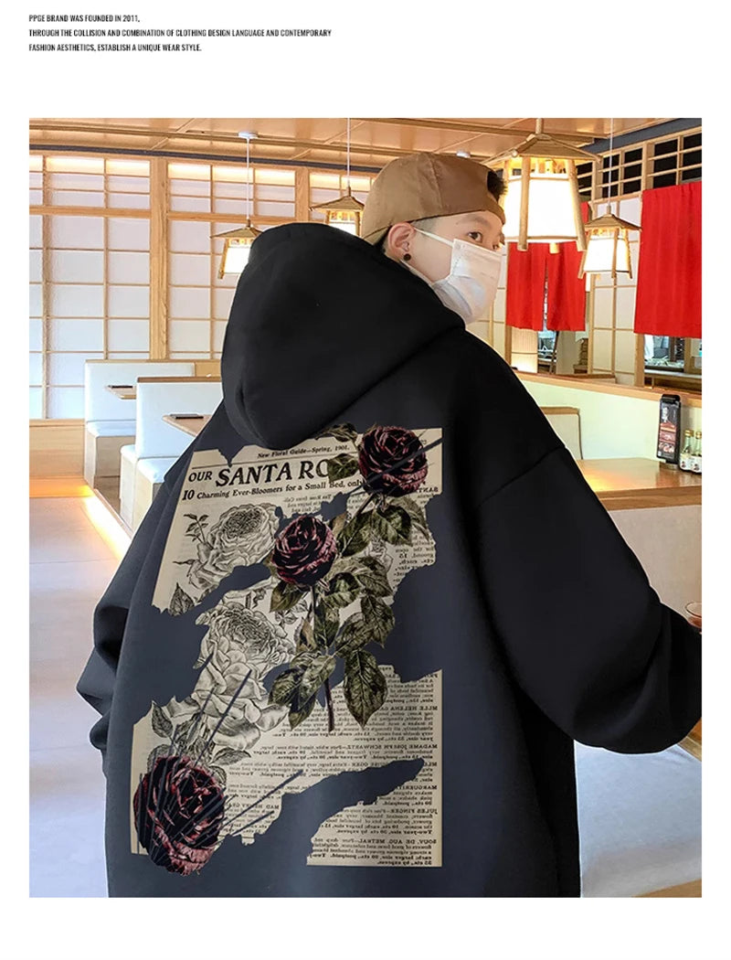 Y2K Vintage Rose Graphic Print Hoodies For Men Goth Fashion Streetwear Clothes Casual Fleece Hip Hop Loose Pullover Sweatshirts