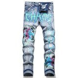fashion skull graffiti jeans lightning printed denim pants mens distressed biker jeans streetwear slim hip hop pants joggers unique joggers style 339