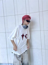 High Street Thug Club New Patchwork Embroidered Short Sleeved Casual Loose And Versatile Korean Street Solid Color T-shirt VTG