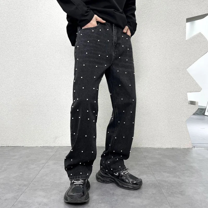 men bead streetwear fashion hip hop vibe loose casual wide leg straight denim jeans baggy pant man boyfriend jeans trousers unique jeans style 2993