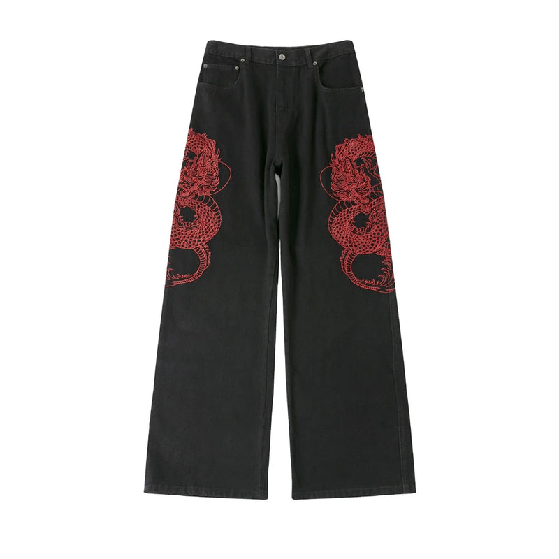 mens black baggy jeans dragon embroidered straight jeans streetwear hip hop loose trousers male luxury designer denim pants 1 unique jeans style 1802