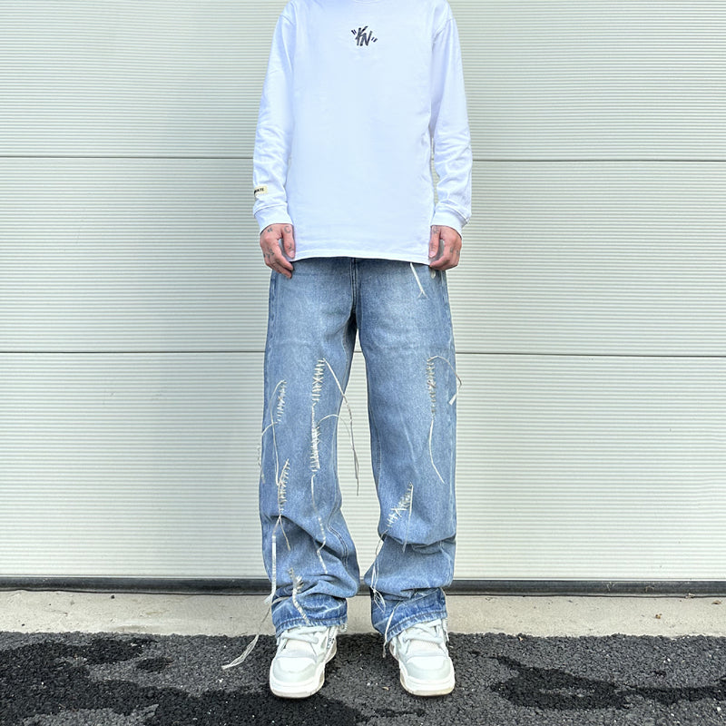 fashion loose streetwear denim jeans new casual wide legs straight jean pants hip hop tassel joggers baggy jeans men clothing unique joggers style 425