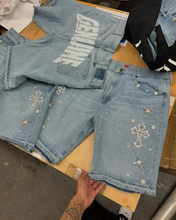Retro Blue Streetwear Y2K Gothic Shorts Hip Hop Rhinestones Baggy Jeans Denim Gym Shorts Men Women High Waist Basketball Shorts