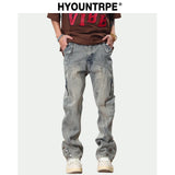 hip hip streetwear denim straight pants mens harajuku retro washed cotton casual zipper joggers jeans trousers pants jean men relaxed fit joggers