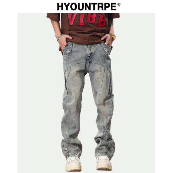 hip hip streetwear denim straight pants mens harajuku retro washed cotton casual zipper joggers jeans trousers pants jean men relaxed fit joggers