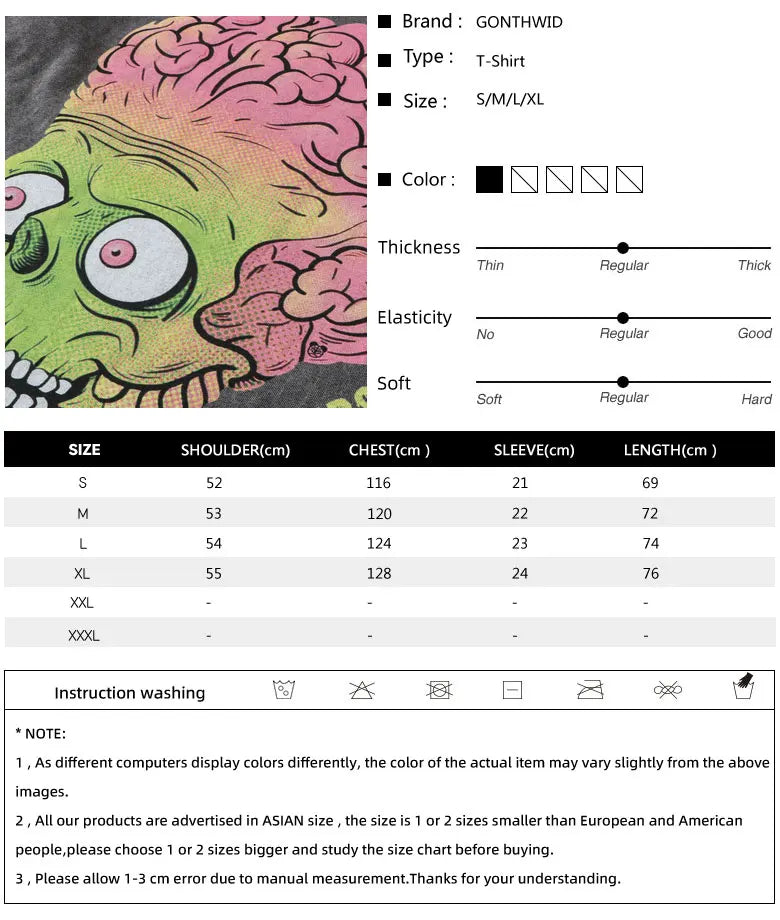 Y2k Aesthetic print tee – Men Punk T Shirt Hip Hop Funny Brain Zombie Print Distressed