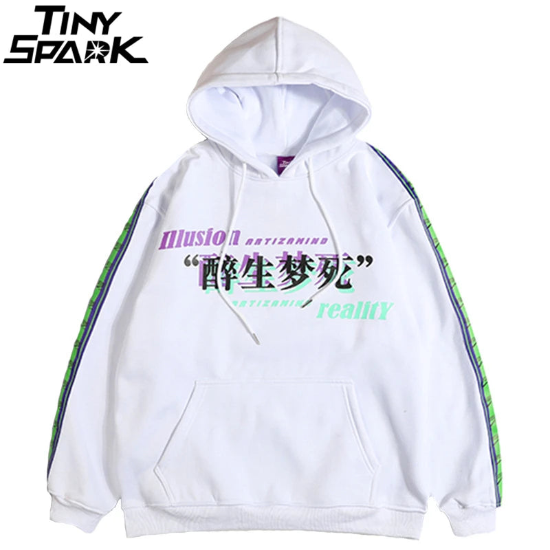 Men Hip Hop Hoodie Sweatshirt Drunk Illusion Chinese Character Hoodie Streetwear Casual Black Hooded Pullover Cotton Autumn 2023