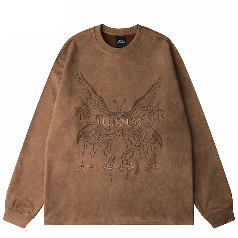 Men Suede Sweatshirt Streetwear Butterfly Monster Embroidery Harajuku