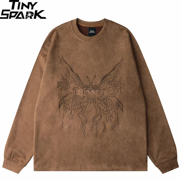 Men Suede Sweatshirt Streetwear Butterfly Monster Embroidery Harajuku