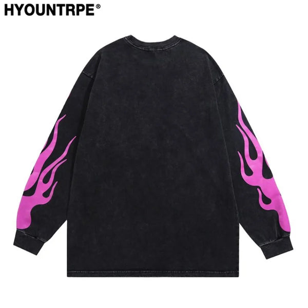 Cyberpunk Graphic Tee – Harajuku Skeleton Fire Printed Retro Distressed Washed T Shi – Urban Streetwear for Men & Women