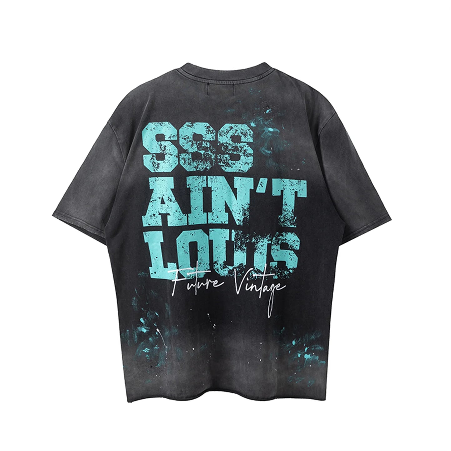 SSSAINT LOUIS Vintage Retro Distressed Logo Letter Print Round Neck Washed Worn High-Street Loose Tops T shirt Tee