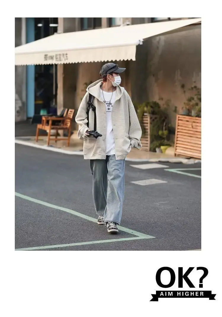 Korean Retro Y2K Waffle Hooded Jacket for Men and Women Ins Harajuku Style Casual Loose