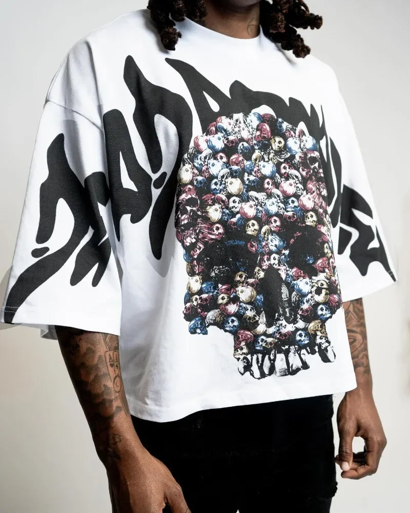 Grunge Vintage t-shirt – American Quirky Gothic Skull Bone Print Oversized T Shirt Wo