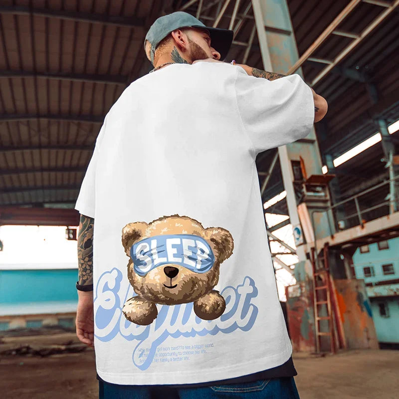 Skatercore Tribal flames – Kawaii Sleep Bear Graphic Printed Y2K T Shirt Mens Casual