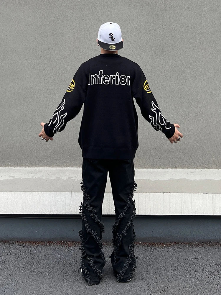 hip hop knitted sweater men letter fire pattern o neck pullover streetwear casual loose sweater unisex harajuku jumpers knitwear unique limited edition hoodie, streetwear fashion hoodie, aesthetic street look hoodie