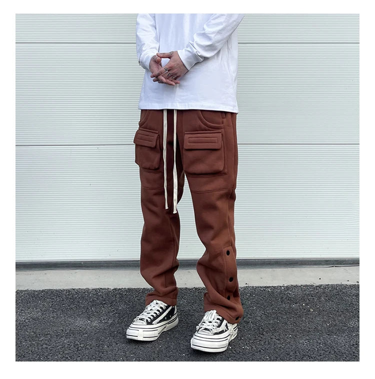 mens high street loose fit elastic waist pants winter warm fleece pants bottons hip hop drawstring sportwear sweatpants joggers unique joggers style 3054