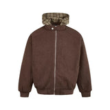 American Hoodie Mens Detachable Hat Grid Pattern Color Block Loose Fak