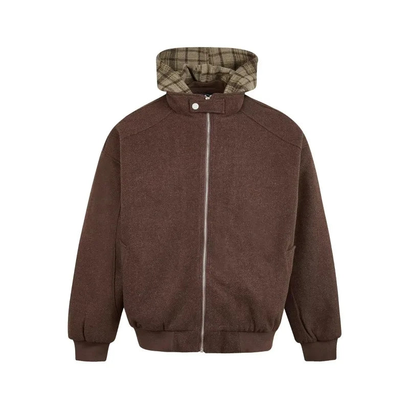 American Hoodie Mens Detachable Hat Grid Pattern Color Block Loose Fak