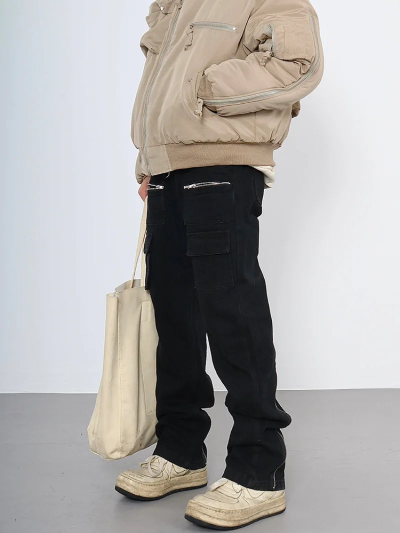 back zipper open cargo denim pants casual biker jeans fashion streetwear trousers hip hop flare pants joggers y2k men s jeans urban active pants