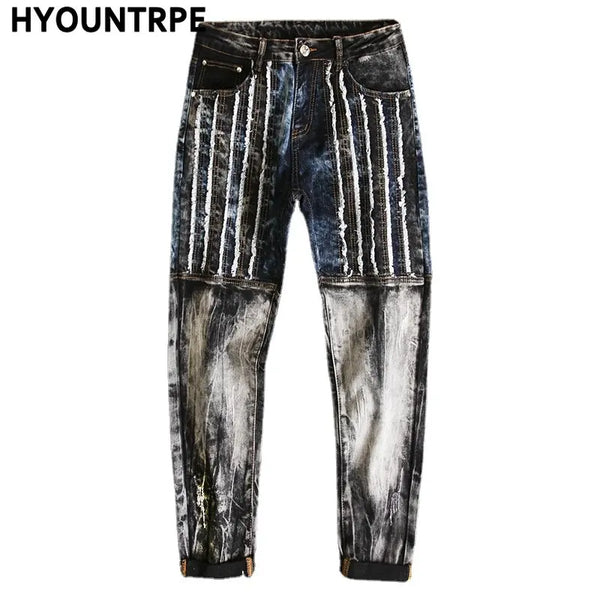 fashion distressed washed ripped destroied denim jean pants mens zipper skinny biker jeans hip hop streetwear slim pants joggers sporty tapered joggers