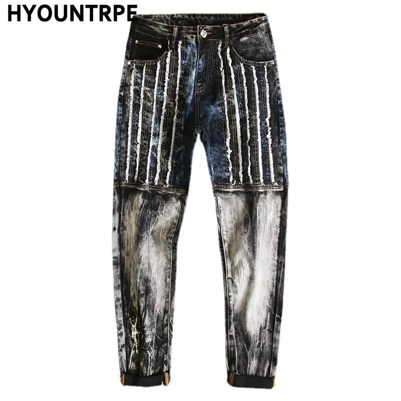 fashion distressed washed ripped destroied denim jean pants mens zipper skinny biker jeans hip hop streetwear slim pants joggers sporty tapered joggers